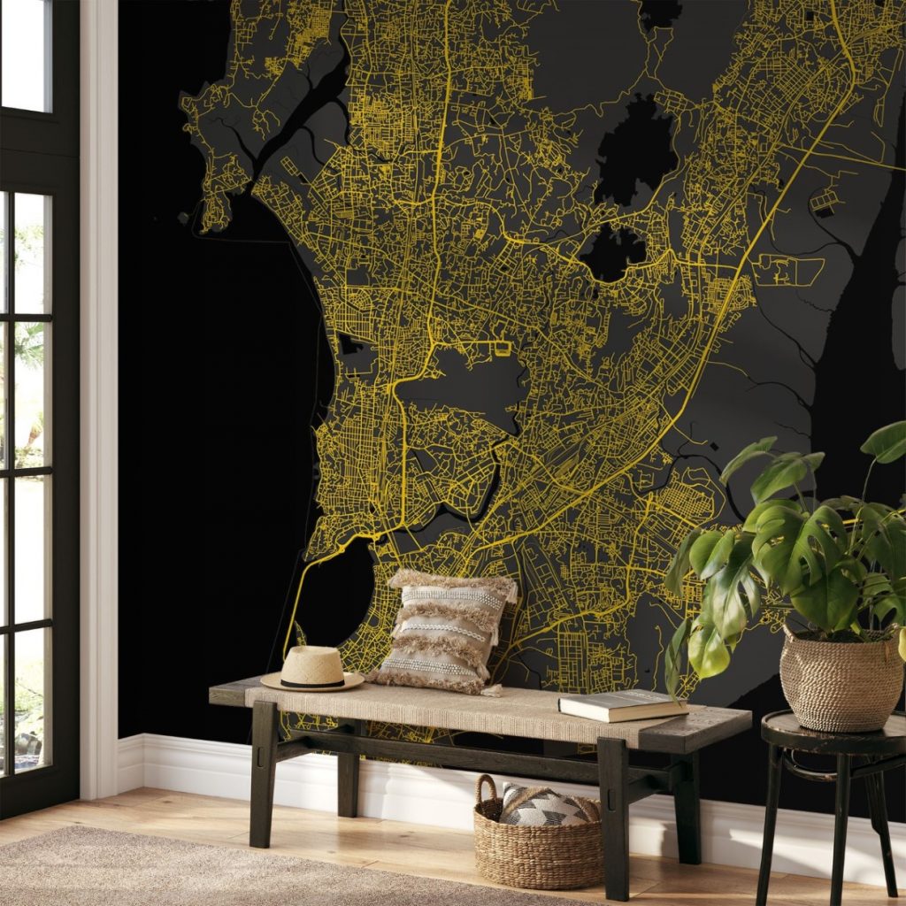 Mumbai Map Wall Mural - Modern black yellow, Mural Wallpaper, PVC Free, Non-Toxic