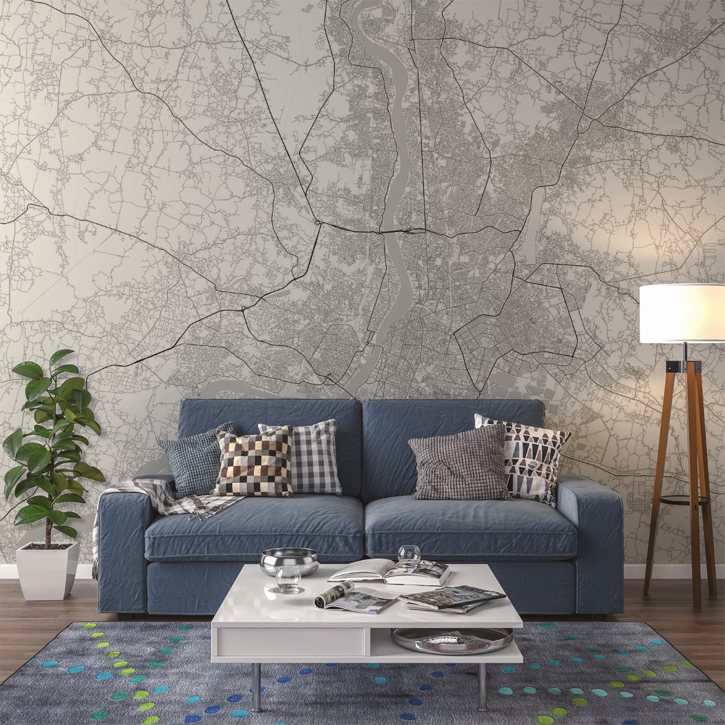 Kolkata Map Wall Mural Chalky white grey, Mural Wallpaper, PVC Free, NonToxic Wall Murals