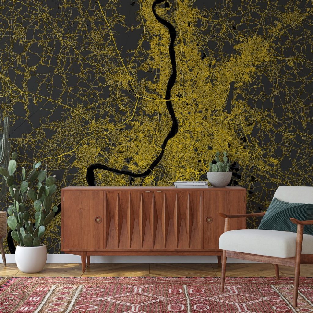 Kolkata Map Wall Mural - Modern black yellow, Mural Wallpaper, PVC Free, Non-Toxic