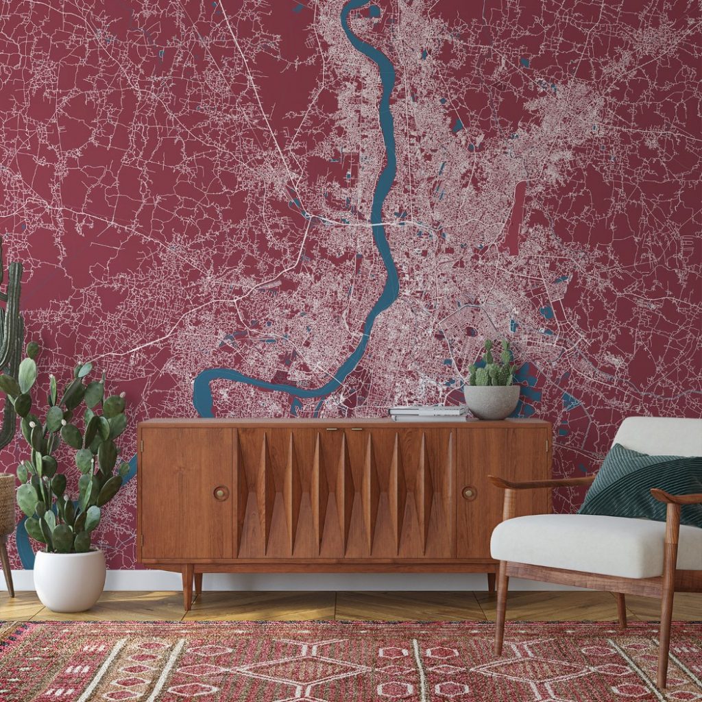Kolkata Map Wall Mural - Red blue, Mural Wallpaper, PVC Free, Non-Toxic