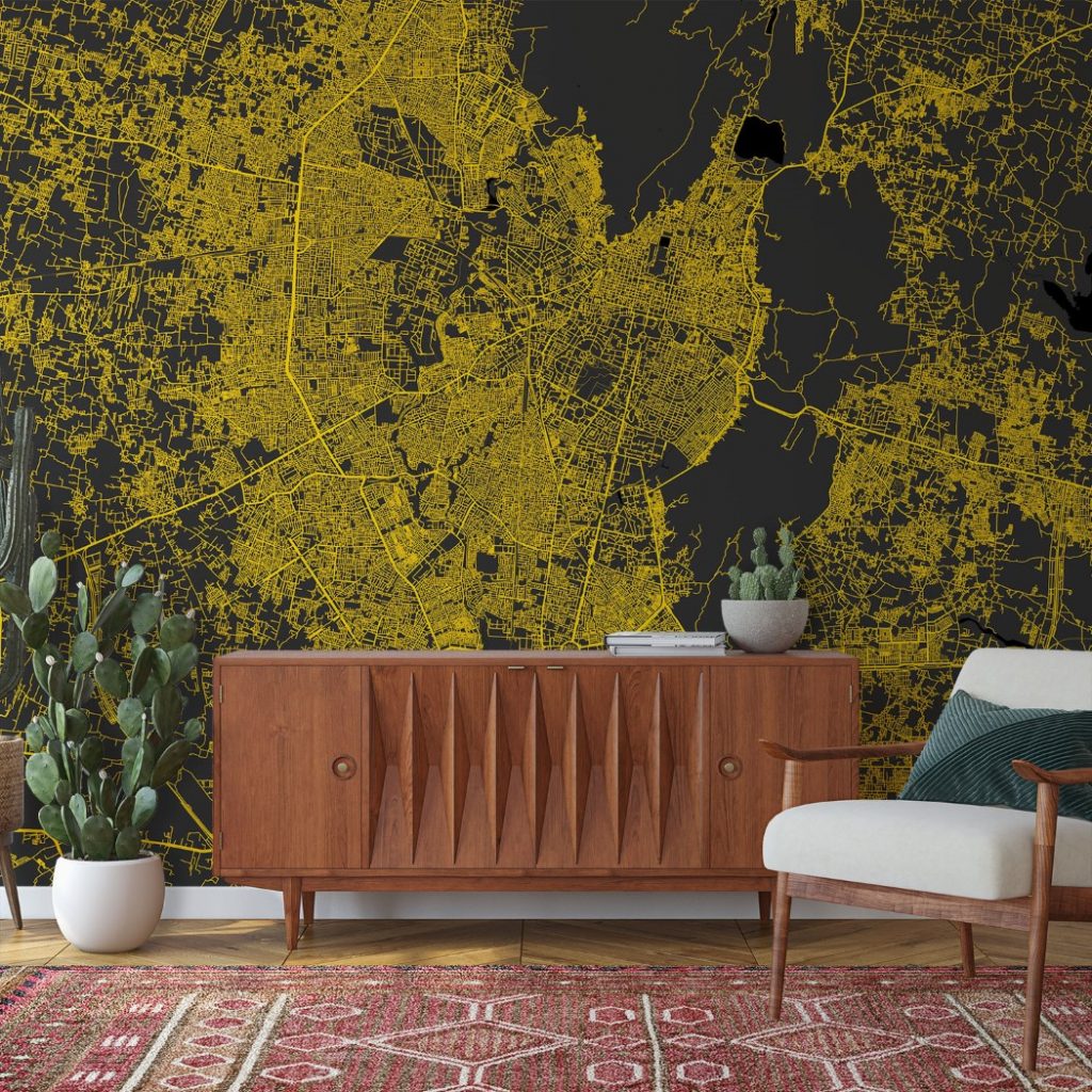 Jaipur Map Wall Mural - Modern black yellow, Mural Wallpaper, PVC Free, Non-Toxic