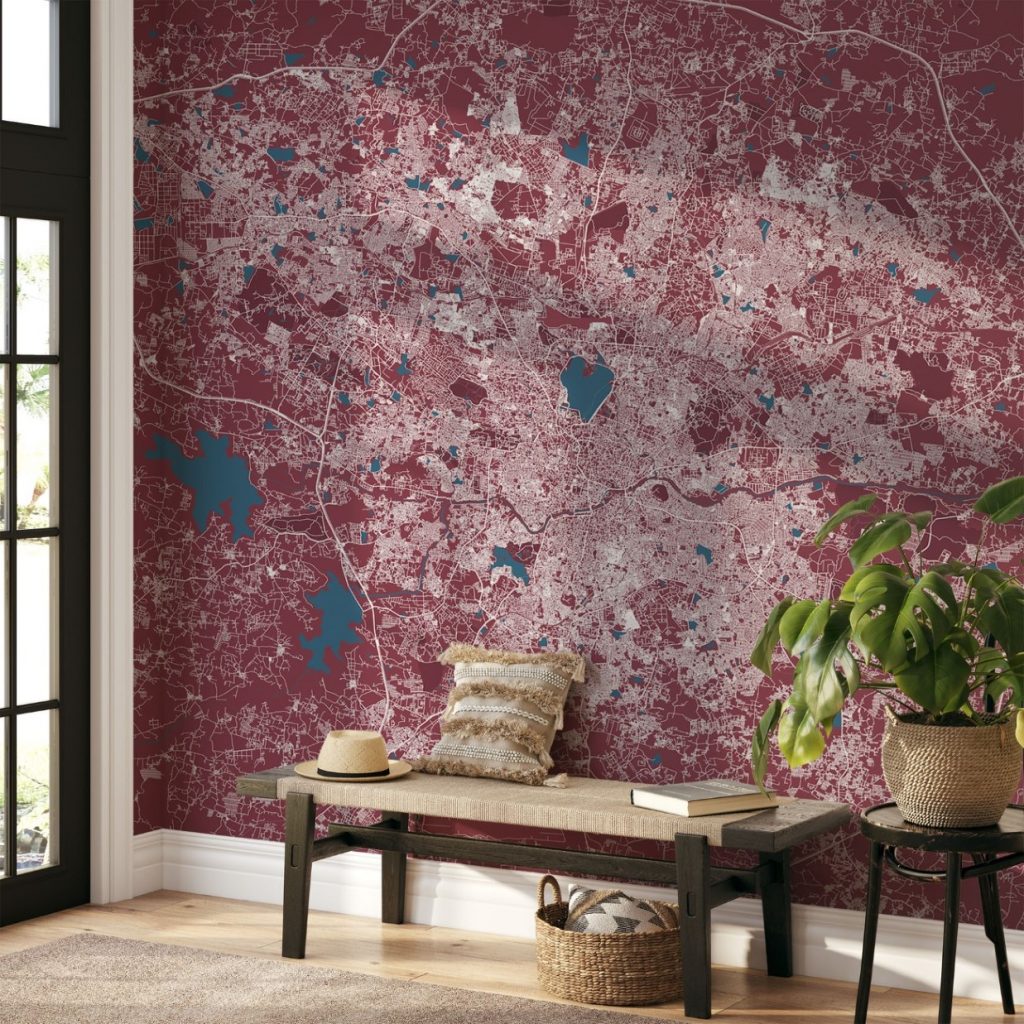 Hyderabad Map Wall Mural - Red blue, Mural Wallpaper, PVC Free, Non-Toxic