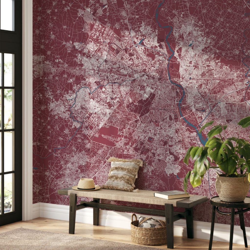 Delhi Map Wall Mural - Red blue, Mural Wallpaper, PVC Free, Non-Toxic