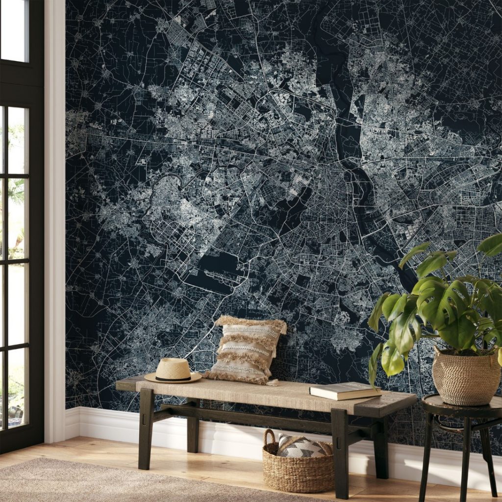 Delhi Map Wall Mural - Asphalt blue, Mural Wallpaper, PVC Free, Non-Toxic