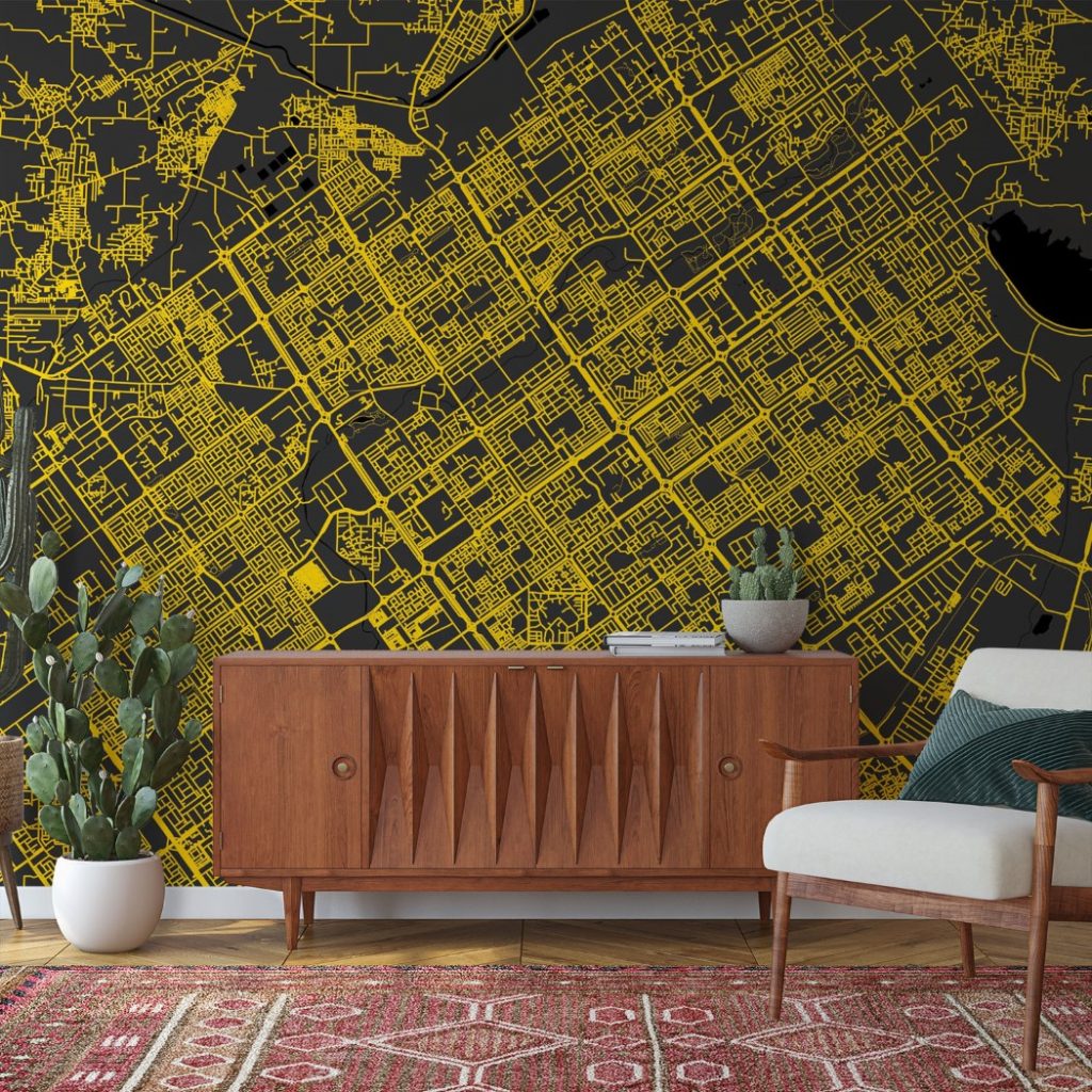 Chandigarh Map Wall Mural - Modern black yellow, Mural Wallpaper, PVC Free, Non-Toxic