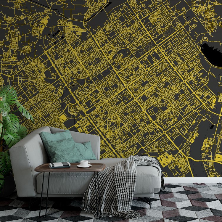 Chandigarh Map Wall Mural Modern black yellow, Mural Wallpaper, PVC