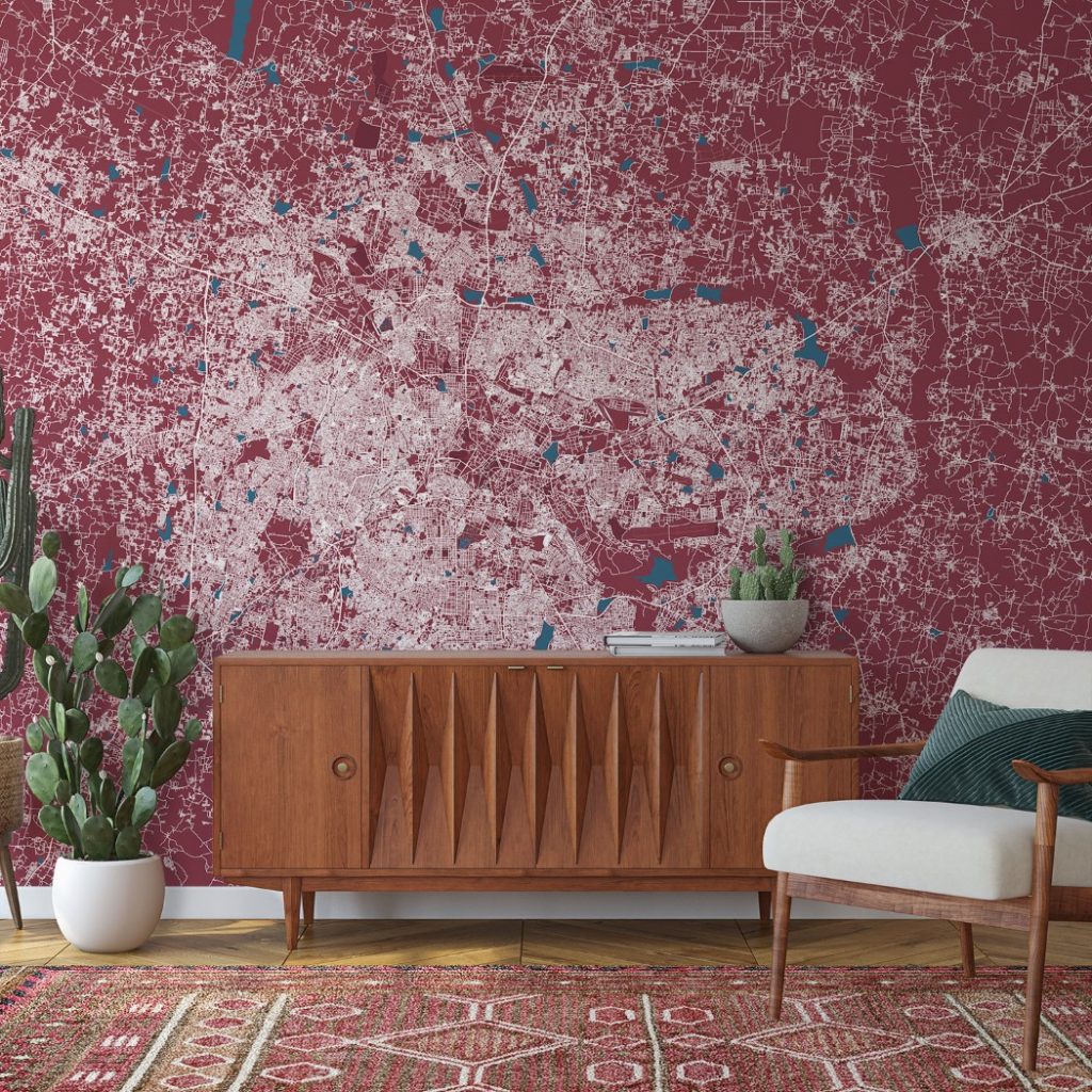 Bangalore Map Wall Mural - Red blue, Mural Wallpaper, PVC Free, Non-Toxic