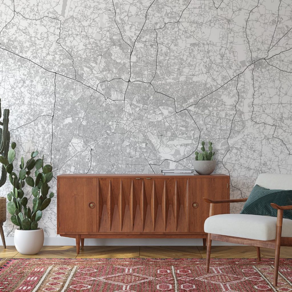 Bangalore Map Wall Mural - Chalky white grey, Mural Wallpaper, PVC Free, Non-Toxic