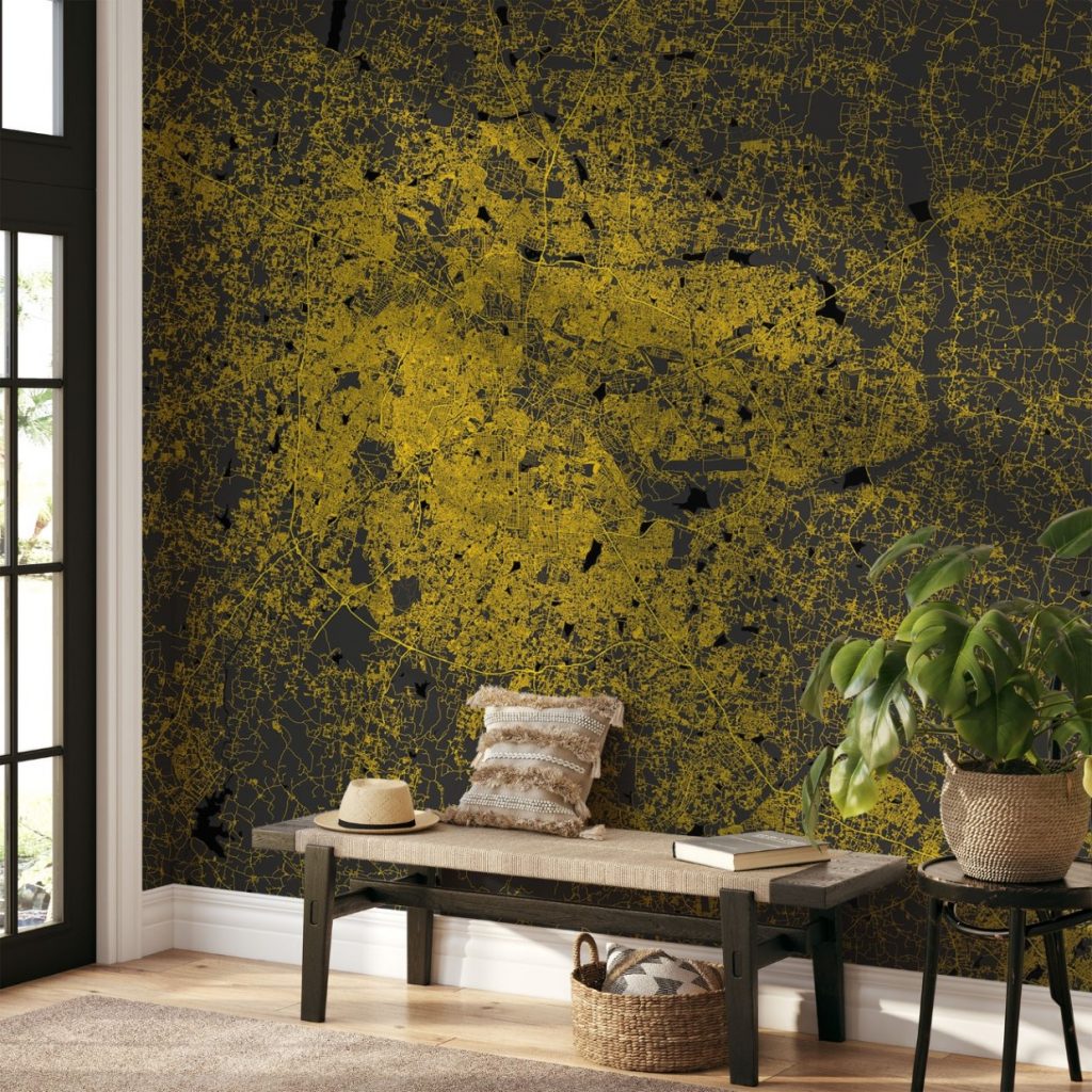 Bangalore Map Wall Mural - Modern black yellow, Mural Wallpaper, PVC Free, Non-Toxic