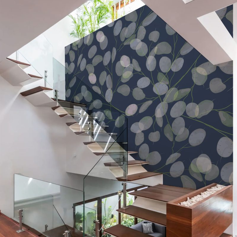Limpid Pale Leaves Pattern wallpaper in navy and grey