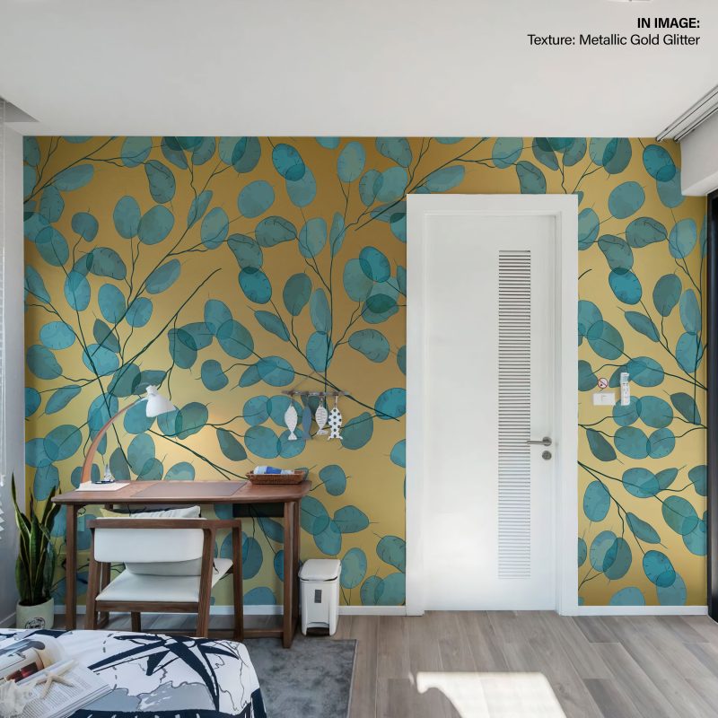 Limpid Pale Leaves Pattern wallpaper in gold and teal