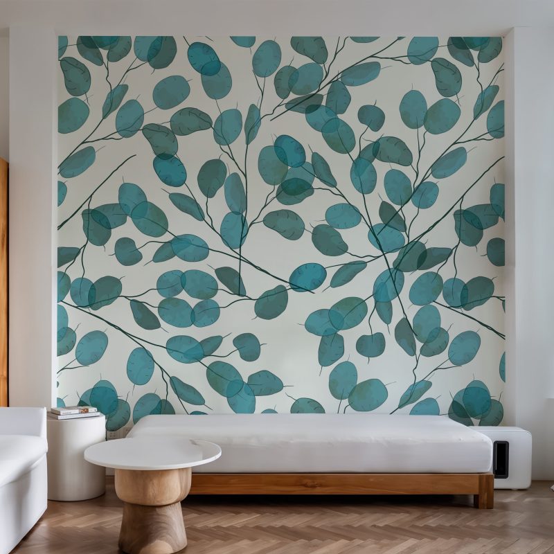 Limpid Pale Leaves Pattern wallpaper in teal on white