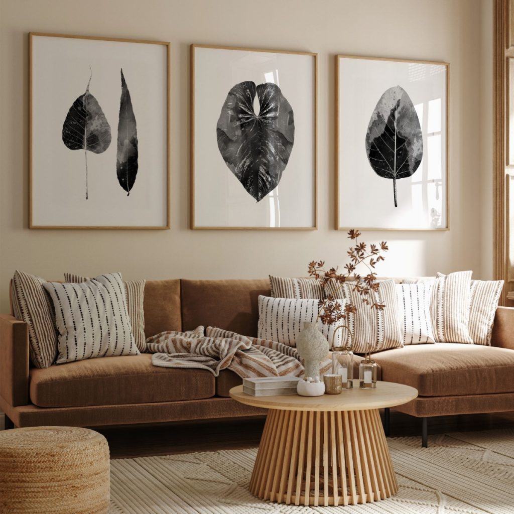 Botanical Three Black and White Leaves – Wall Art