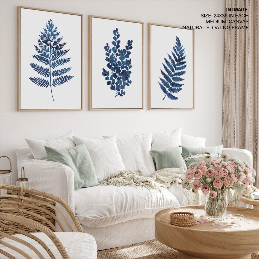 Fern Ink Blue Leaves Framed Wall Art (Set of 3), Nature Art, Minimalist, Botanical Choose Size