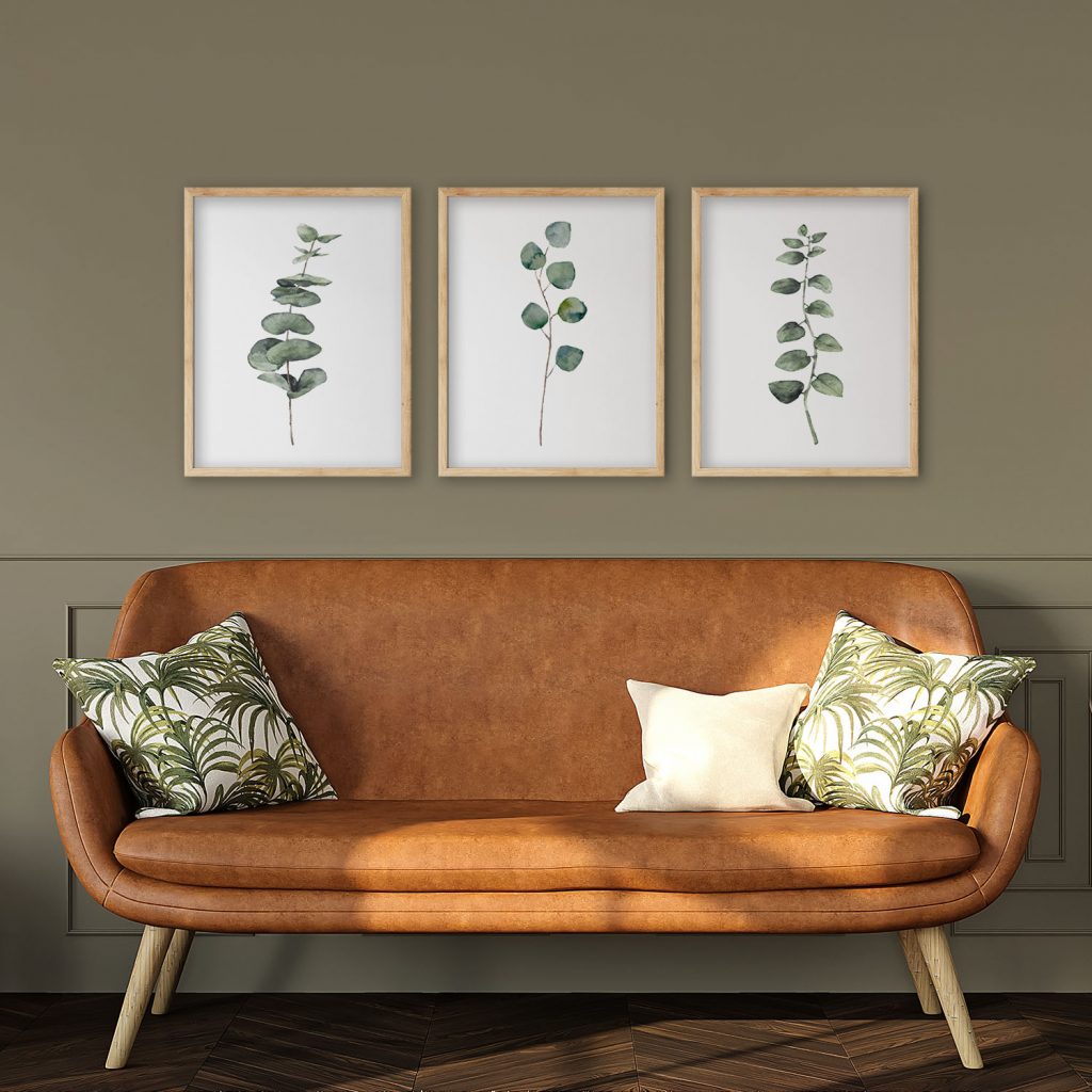 Botanical Three Watercolor Eucalyptus Branches – Wall Hanging