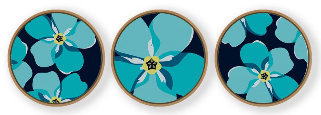 Set of 3 Indigo Portrait Flowers - Circular Wooden Frames
