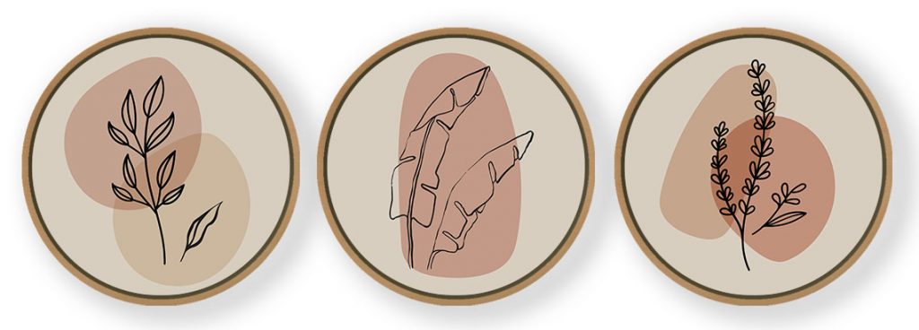 Set of 3 Contemporary Plants Abstract - Circular Wooden Frames