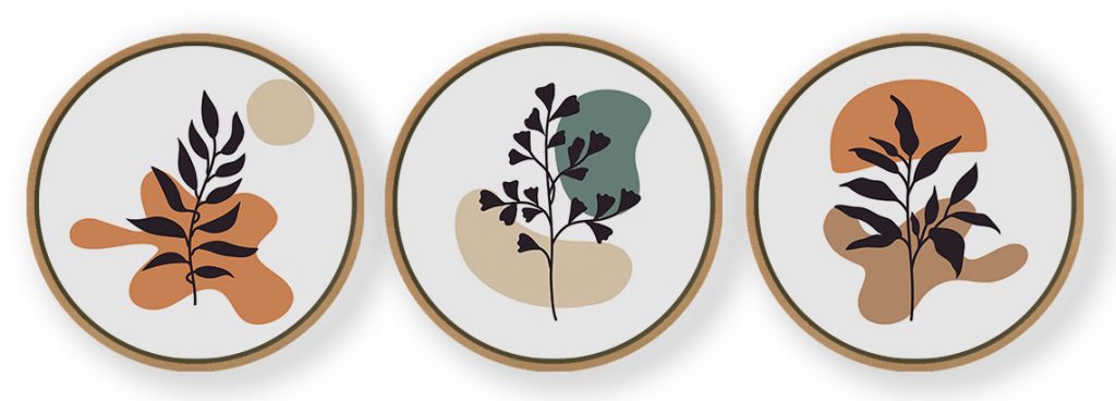 Set of 3 Bohemian Minimal Leaves - Circular Wooden Frames