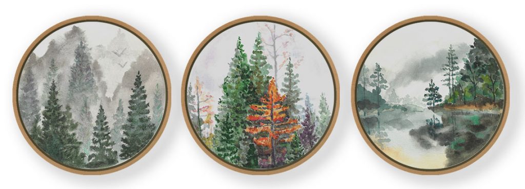 Set of 3 Watercolor Pine Trees - Circular Wooden Frames
