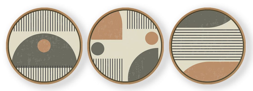 Set of 3 Geometric Figurative Abstract - Circular Wooden Frames