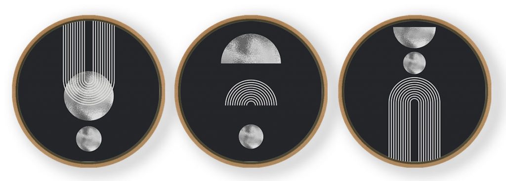 Set of 3 Scandinavian Mid Century Abstruse - Circular Wooden Frames