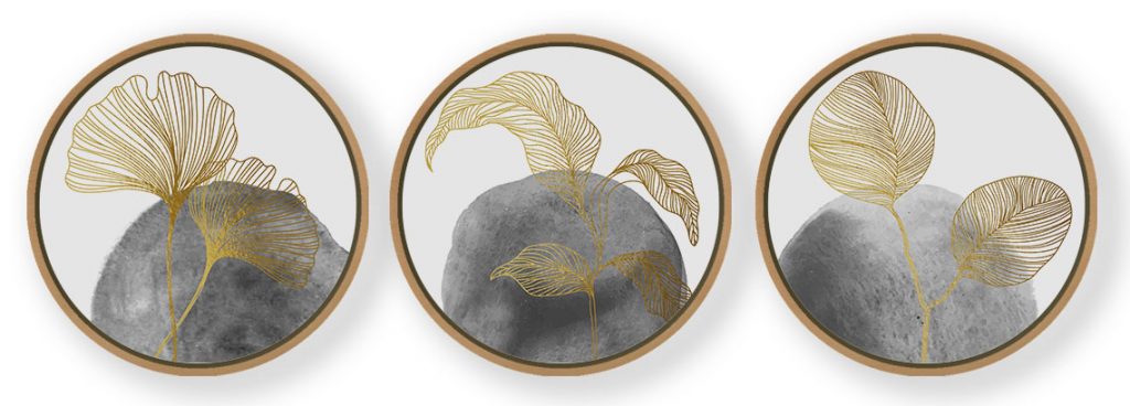 Set of 3 Minimal Botanical Abstract - Circular Wooden Frames