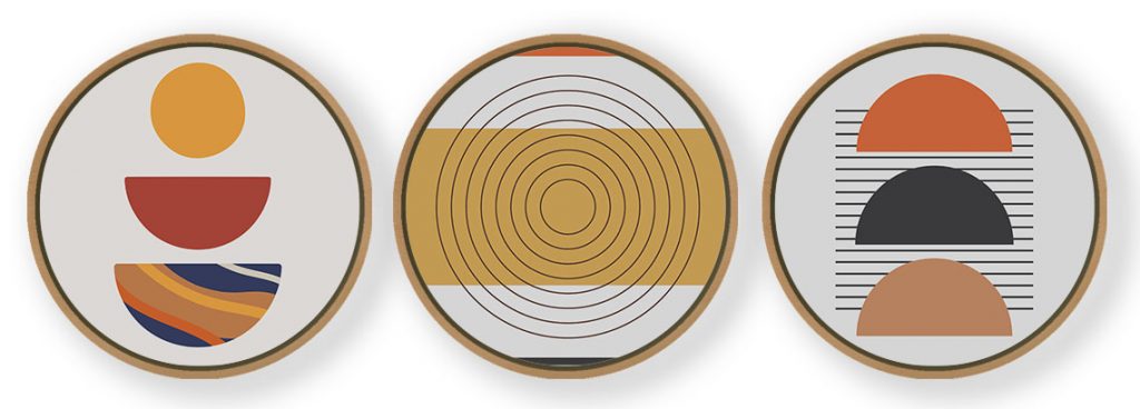 Set of 3 Modern Figurative Bohemian - Circular Wooden Frames