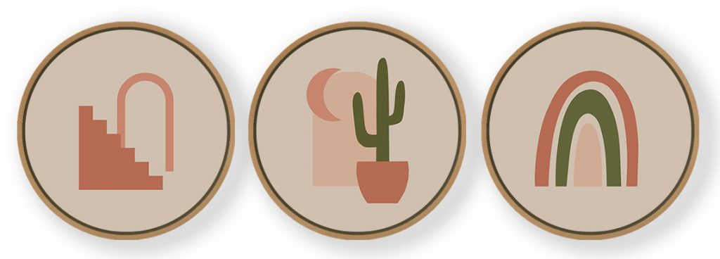 Set of 3 Boho Abstract - Circular Wooden Frames