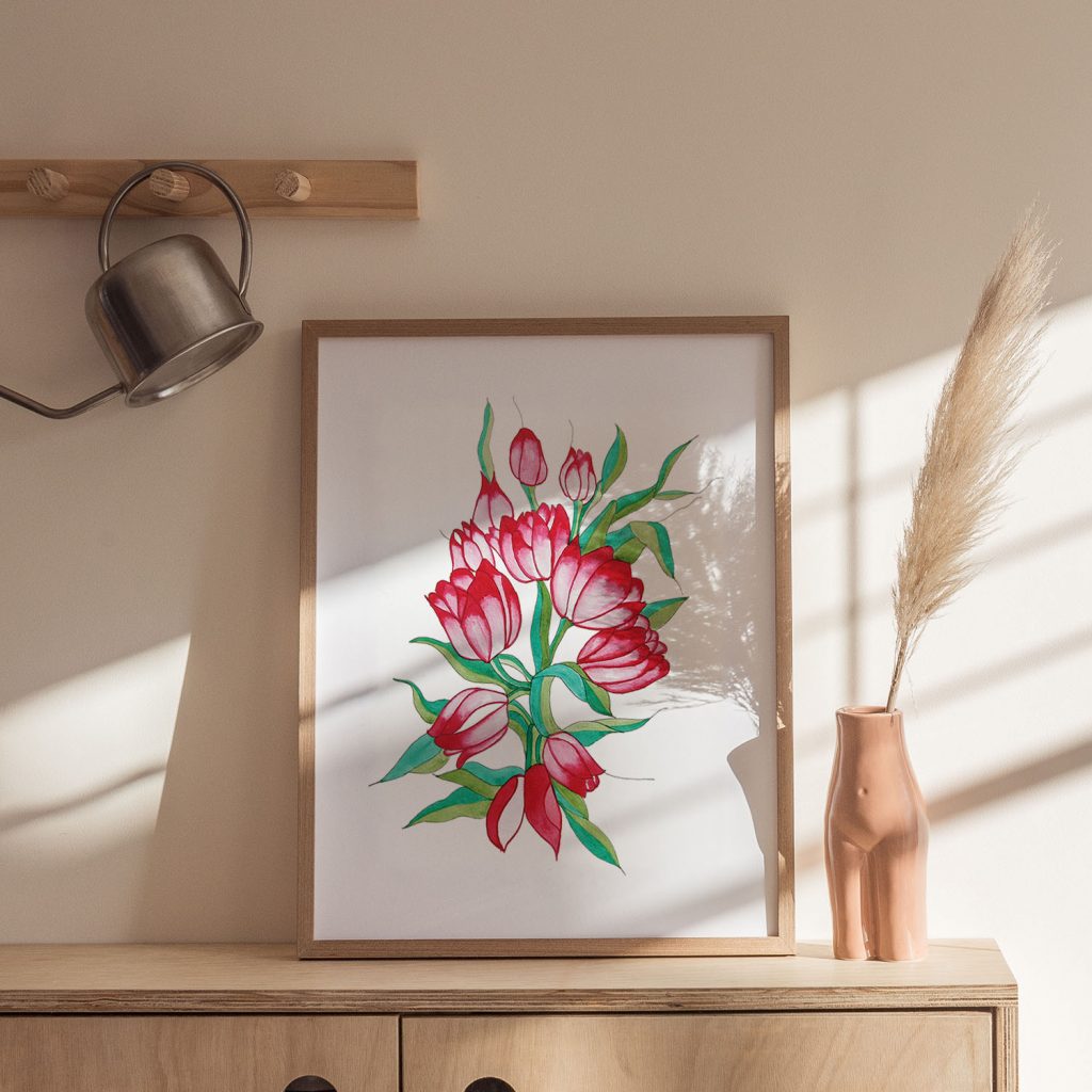 Botanical Red Pink Tulips Bouquet – Wall Decor