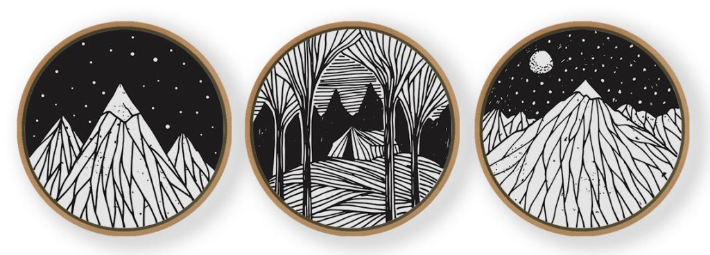 Set of 3 Line Drawing Landscape - Circular Wooden Frames