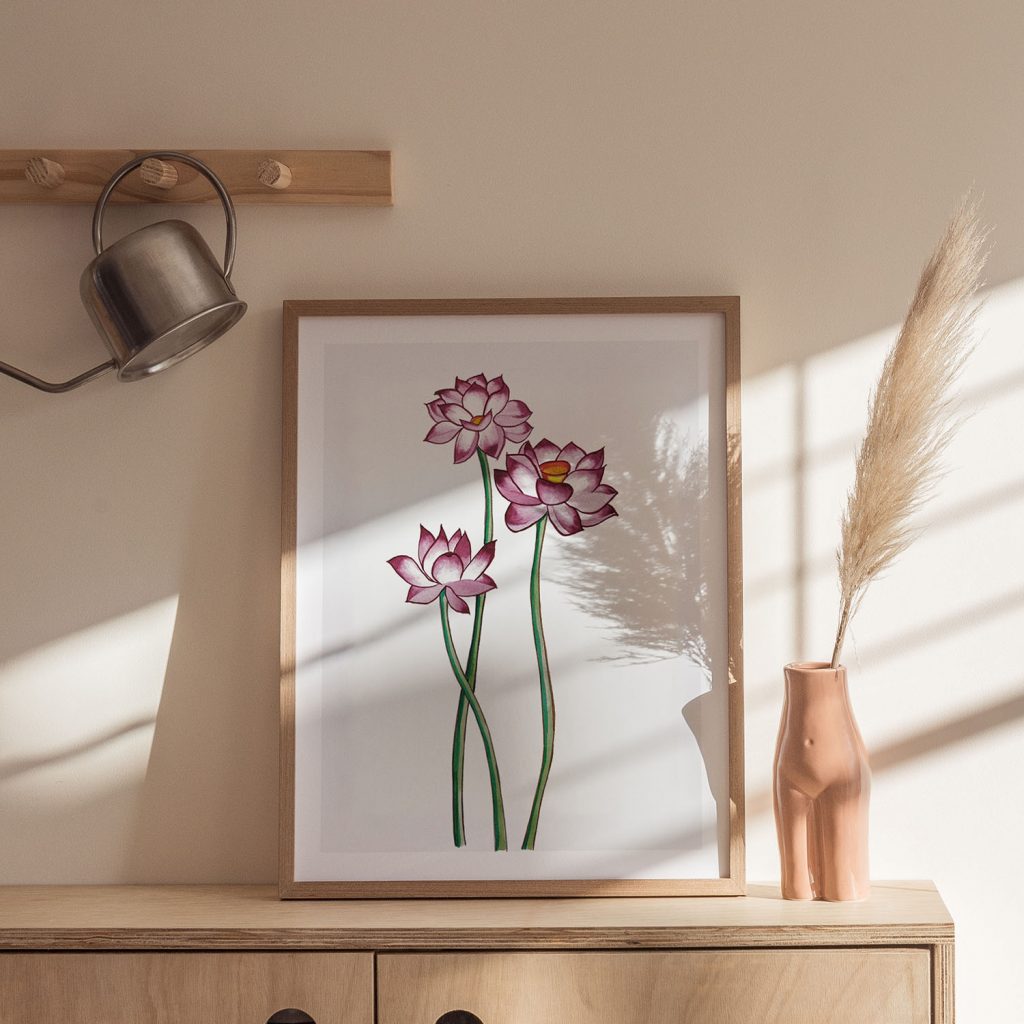 Botanical Three Pink Lotus Flowers – Wall Painting