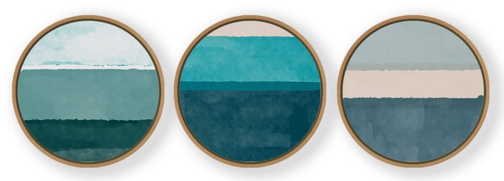 Set of 3 Watercolor Abstract Painting - Circular Wooden Frames