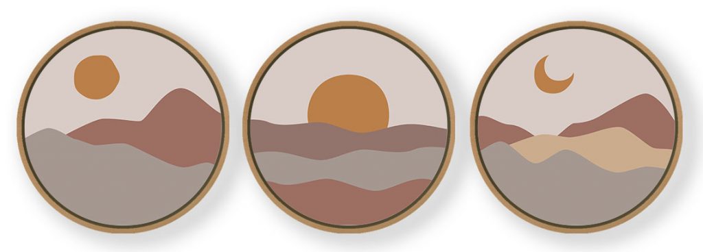 Set of 3 Boho Mountain Scape - Circular Wooden Frames