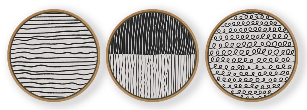 Set of 3 Figurative Line Drawing Abstract - Circular Wooden Frames