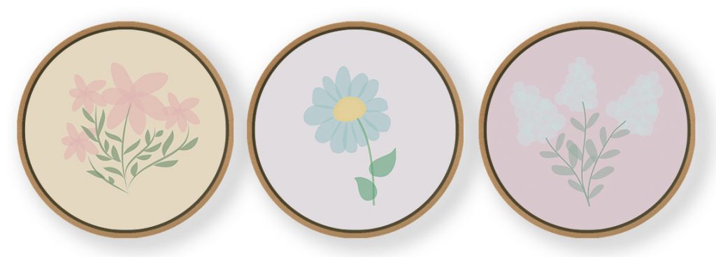Set of 3 Botanical Flowers Abstruse - Circular Wooden Frames