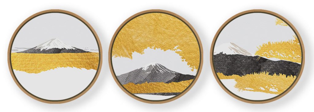 Set of 3 Japanese Mountain Scape - Circular Wooden Frames