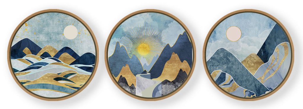 Set of 3 Golden Mountain Painting - Circular Wooden Frames