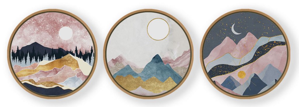 Set of 3 Mountain Abstraction - Circular Wooden Frames