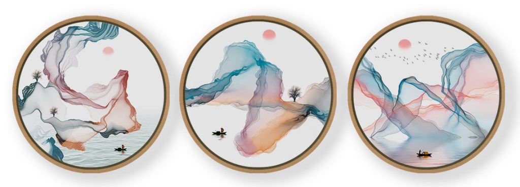 Set of 3 Alcohol Landscape Scenic - Circular Wooden Frames