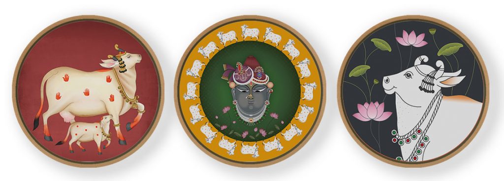 Set of 3 Traditional Pichwai Paintings - Circular Wooden Frames