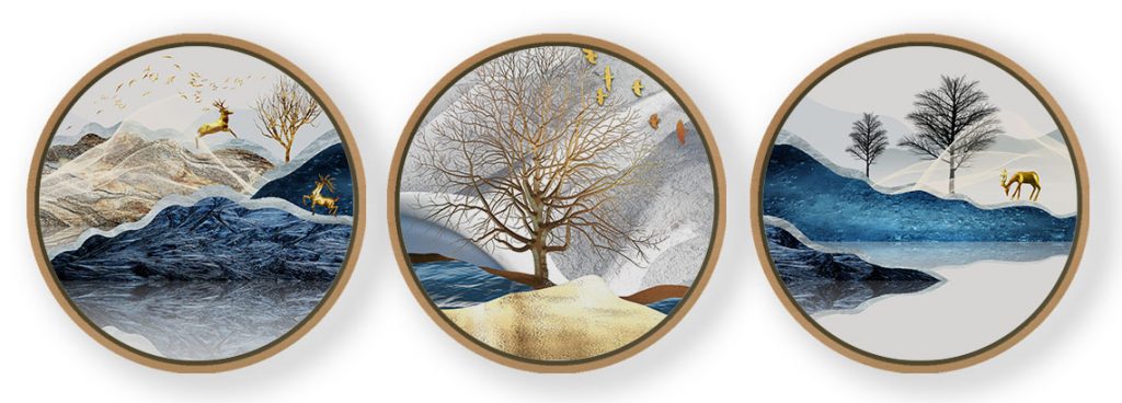 Set of 3 Contemporary Mountain Landscape - Circular Wooden Frames