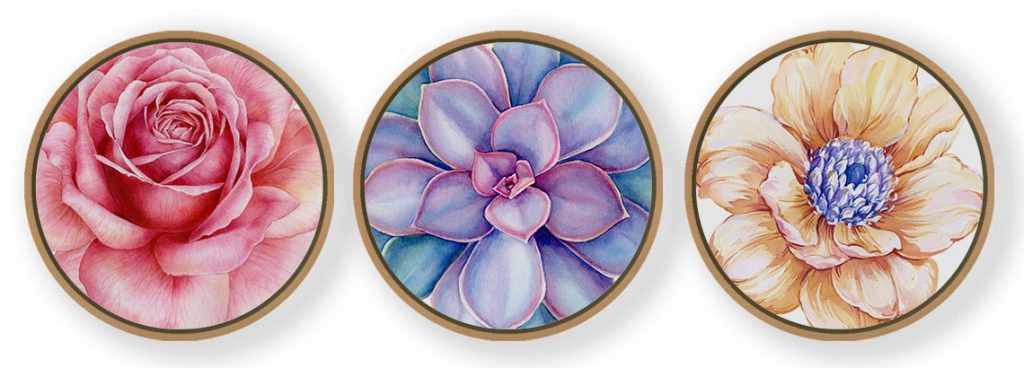 Set of 3 watercolor admirable flowers - Circular Wooden Frames