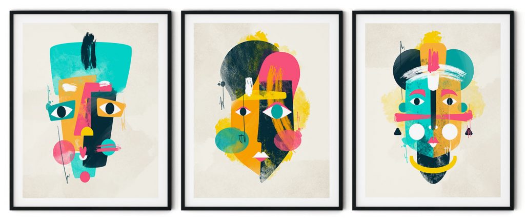 Set of 3 prismatic trendy lithograph face figure