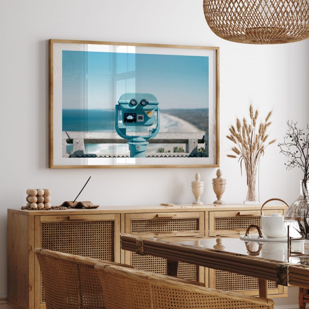 Nature Teal Telescope Overlooking Beach – Wall Decor