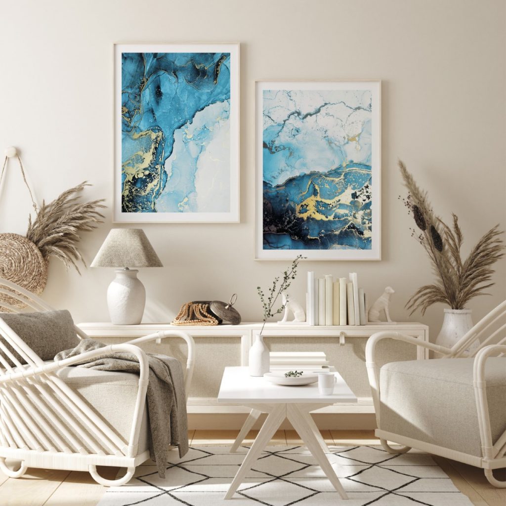 Abstract Blue White Gold Fluid – Wall Hanging
