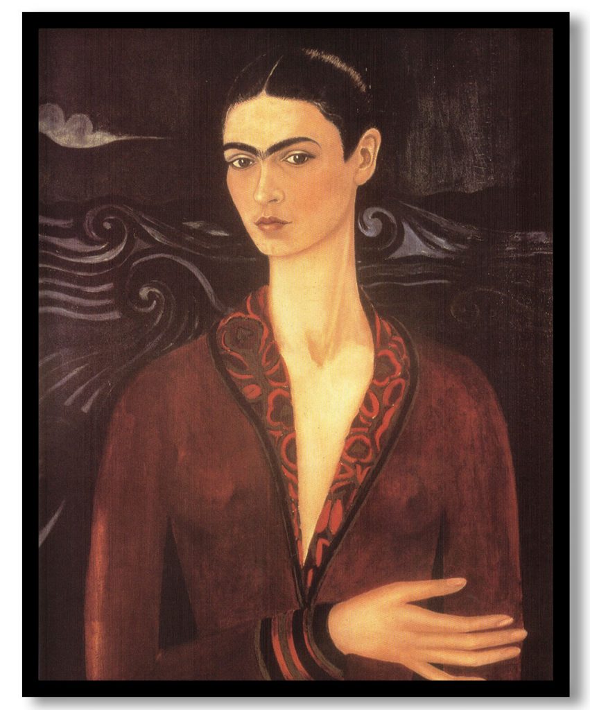 Self portrait in a velvet dress by Frida Kahlo (1926)