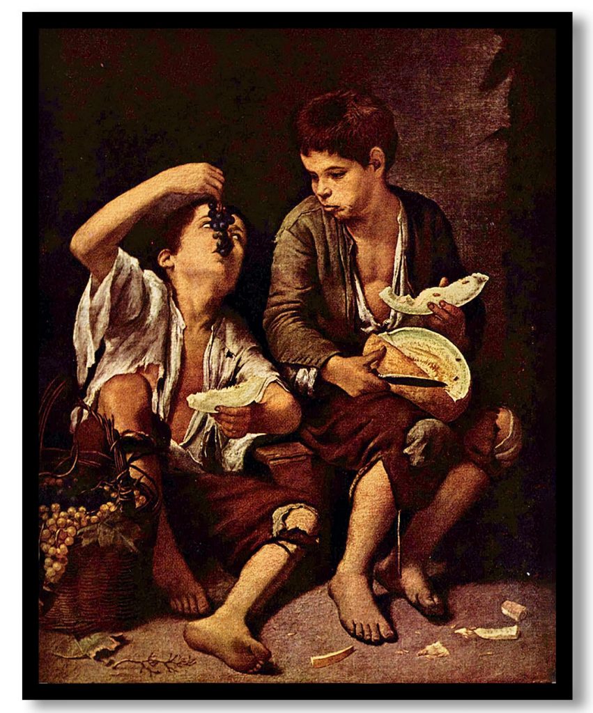 Two children eating a melon and grapes by Bartolome Esteban Murillo (1645 646)