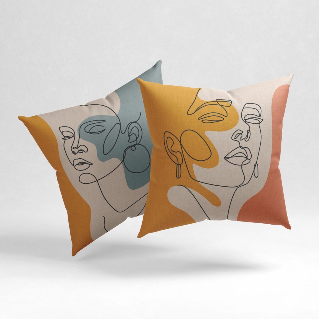 Set of 2 bohemian line drawing abstract woman faces cushion cover