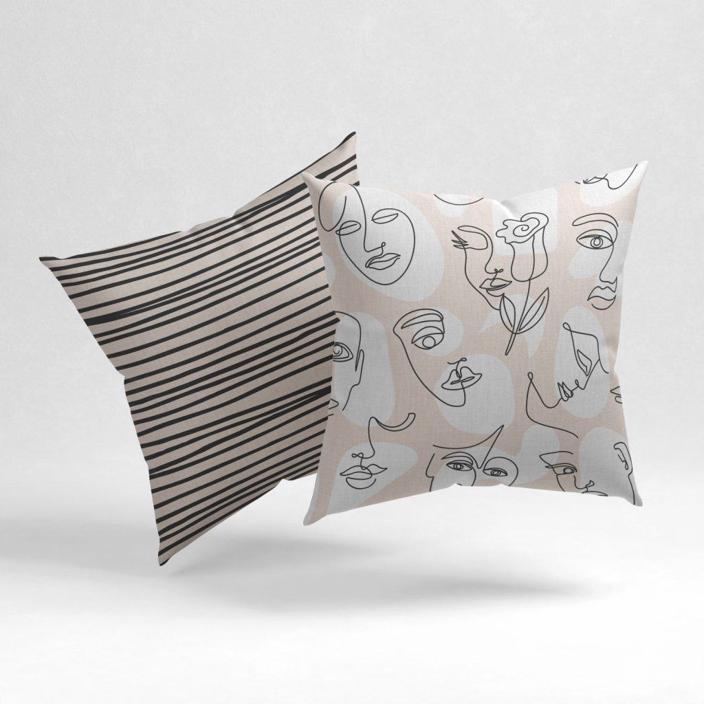 Set of 2 line drawing woman faces stripes cushion cover