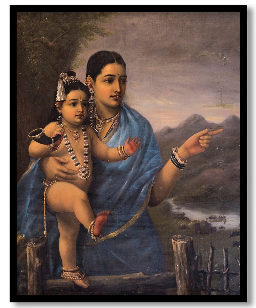 Yashoda pointing out to balakrishna his cows by Raja Ravi Varma (1870)